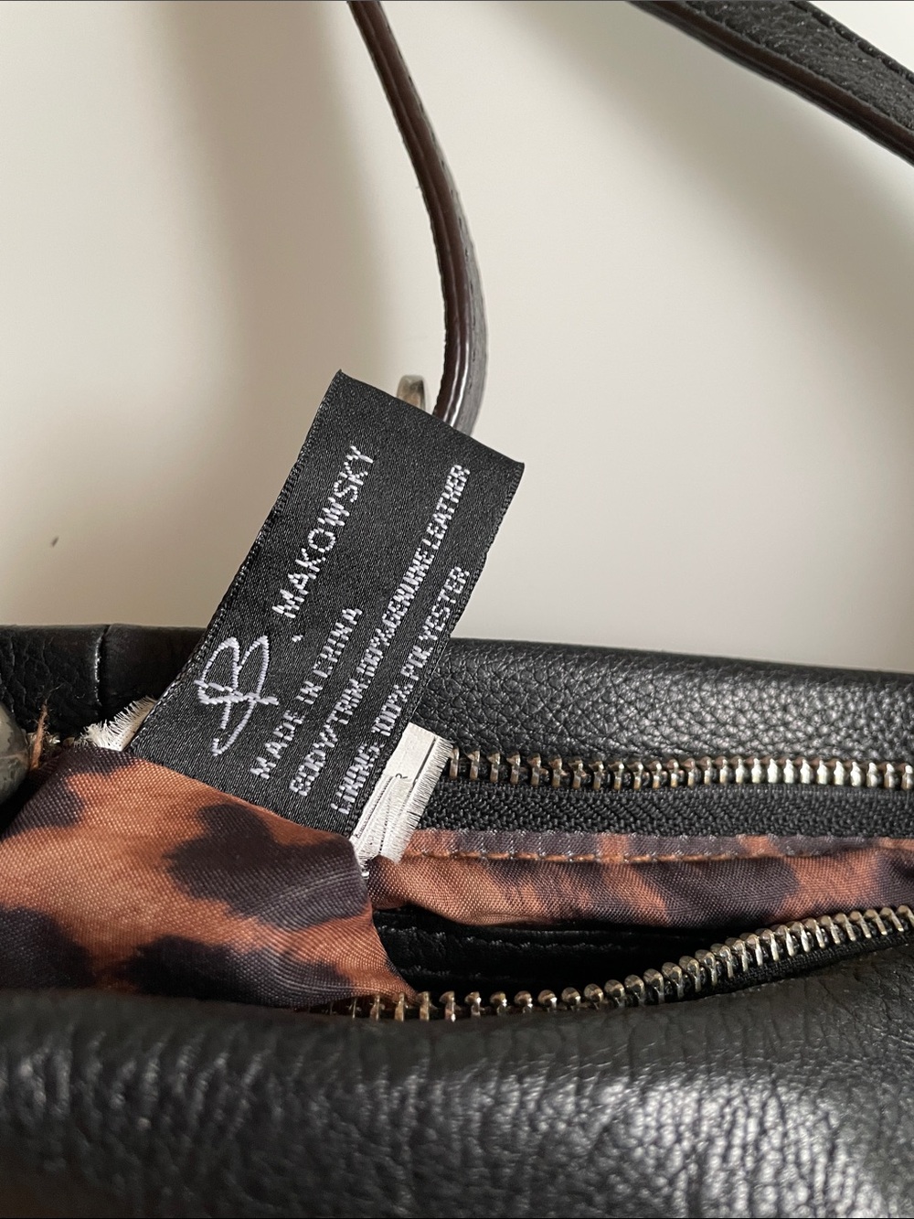 b. makowsky Black Pebbled Leather Shoulder Bag with Leopard Lining Accent